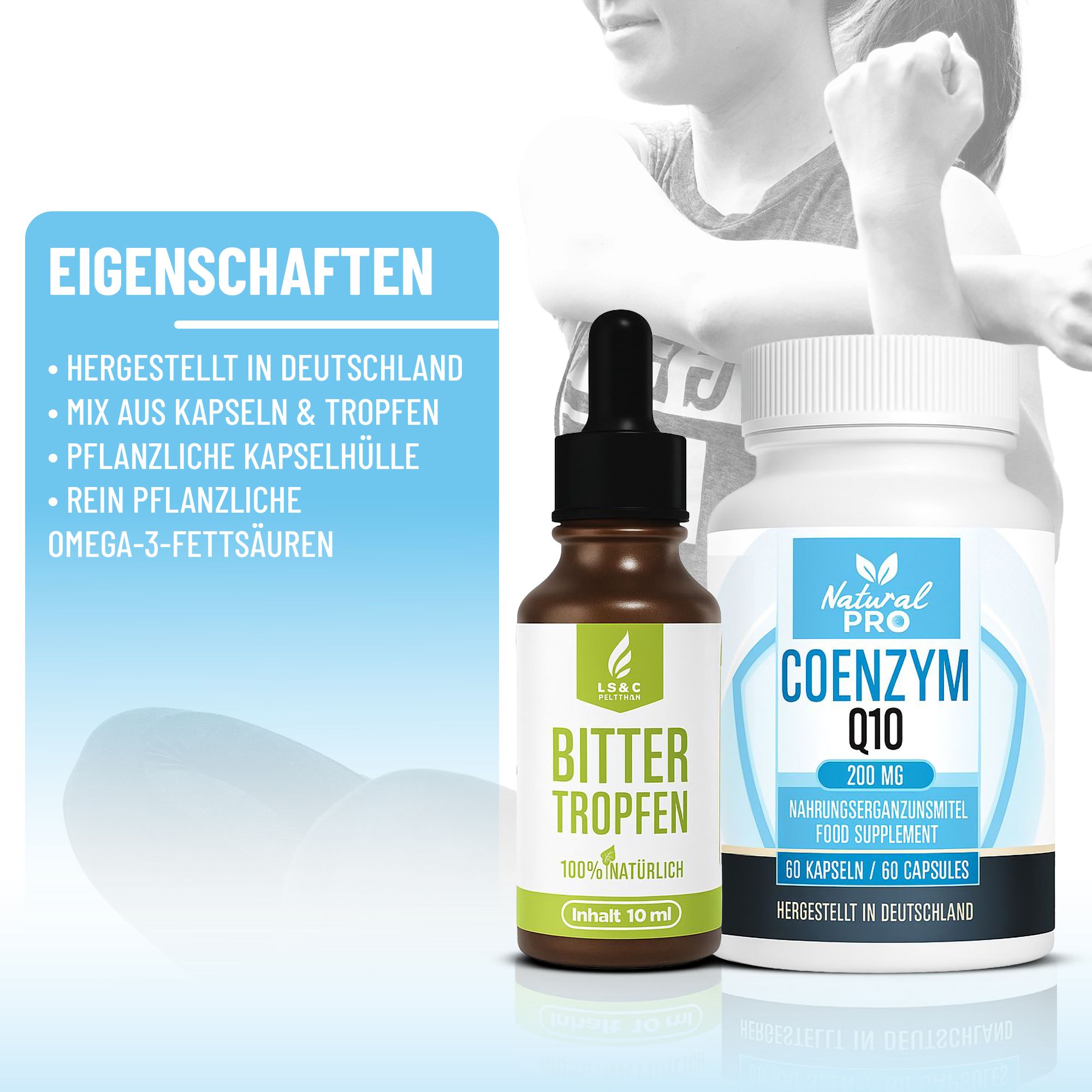 Tropfenflasche und Kapsel-Dose. Text: Eigenschaften. Aufschrift: Bitter Tropfen, 100% natürlich, Inhalt 10 ml. Dose: Coenzym Q10, 200 mg, 60 Kapseln.