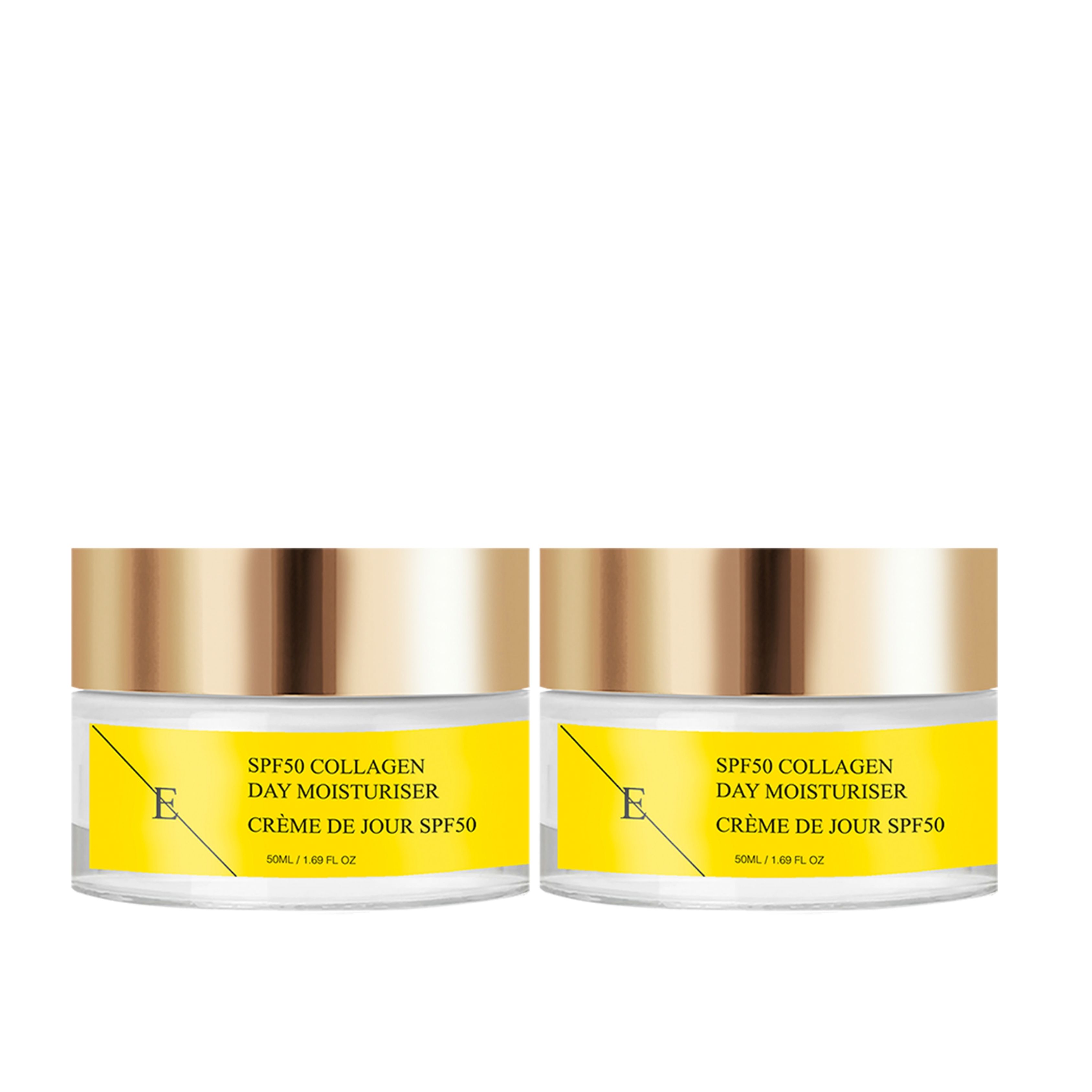 Zwei Tiegel SPF50 Kollagen Tagescreme. Gelbe Etiketten mit Text. Goldfarbene Deckel. Aufschrift: SPF50 Collagen Day Moisturiser.