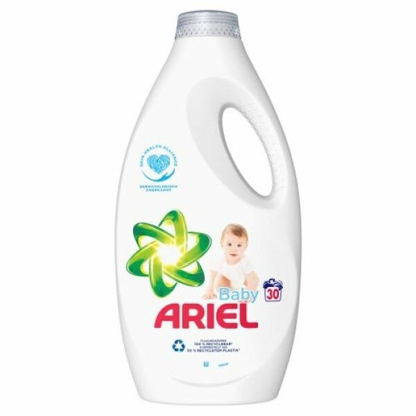Weiße Flasche mit Griff. Ariel Baby-Logo, Baby-Illustration. Dermatologisch getestet. 1L. Recyceltes Plastik.