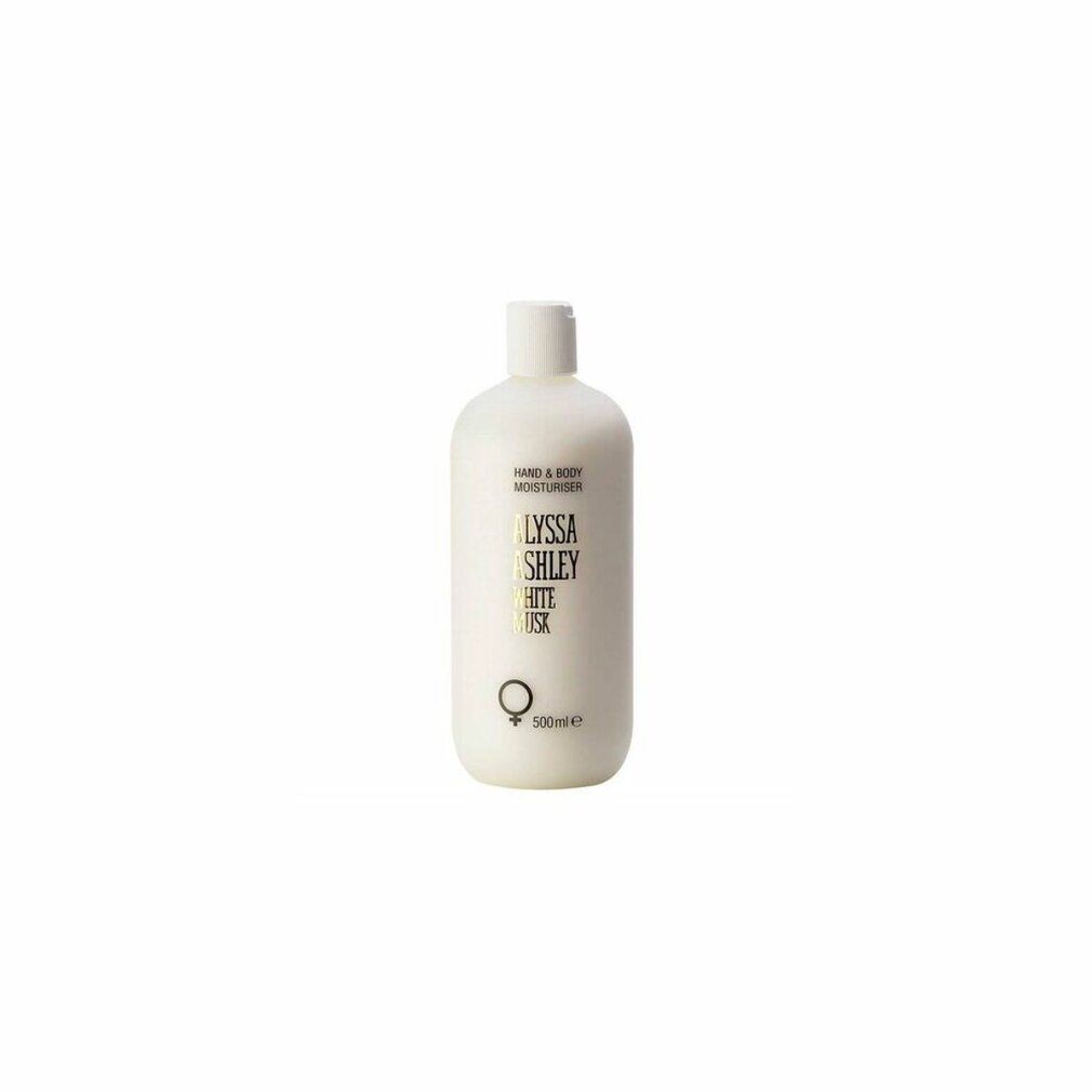 Weißes Hand- und Body-Feuchtigkeitspflege-Produkt. Aufschrift: Alyssa Ashley White Musk. Flasche mit Klappverschluss.