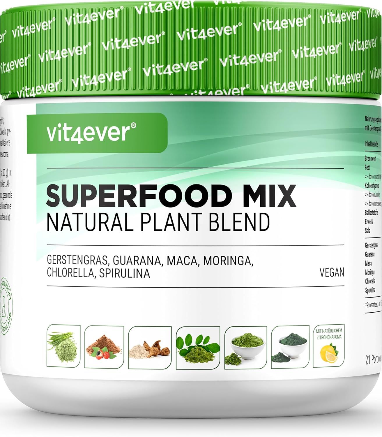 Weißes Produktglas mit grünem Deckel. Aufschrift: Superfood Mix Natural Plant Blend. Enthält Gerstengras, Guarana, Maca, Moringa, Chlorella, Spirulina.