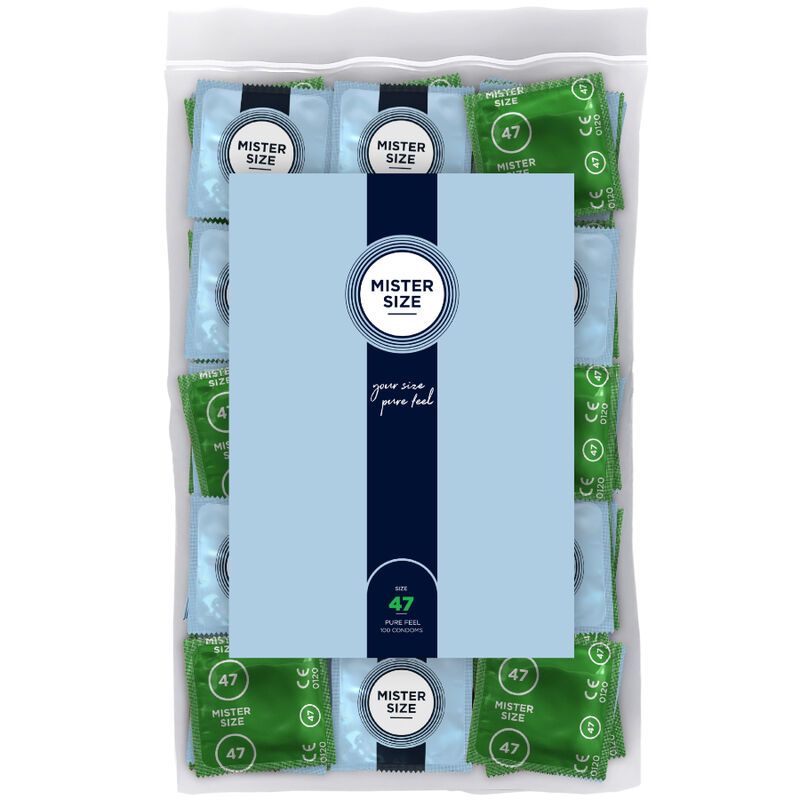 Verpackung mit Kondomen. Einzelne Kondome in Grün und Blau. Aufdruck: Mister Size 47.