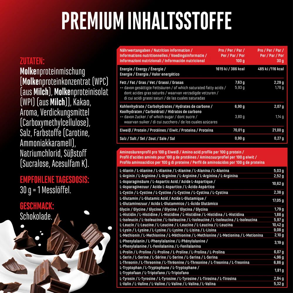 Nährwerttabelle für GEN Whey Protein. Enthält Informationen zu Zutaten, Nährwerten und Aminosäurenprofil. Geschmack: Schokolade. Enthält Milch.
