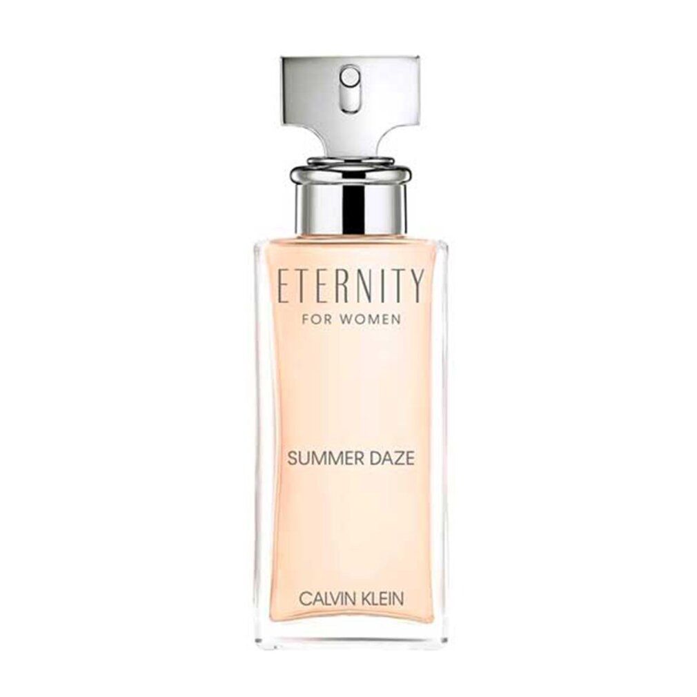 Parfümflasche mit silbernem Verschluss. Rosa Flüssigkeit in rechteckiger Glasflasche. Text: Eternity for Women, Summer Daze, Calvin Klein.