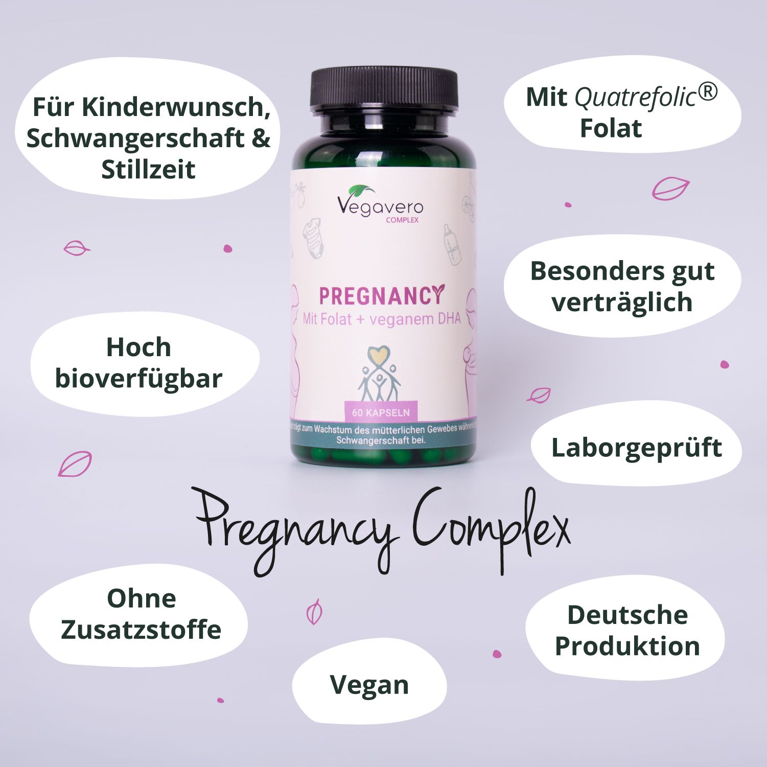 Produktflasche mit Pregnancy-Aufschrift. Zusätzliche Informationen in Kreisen um die Flasche.