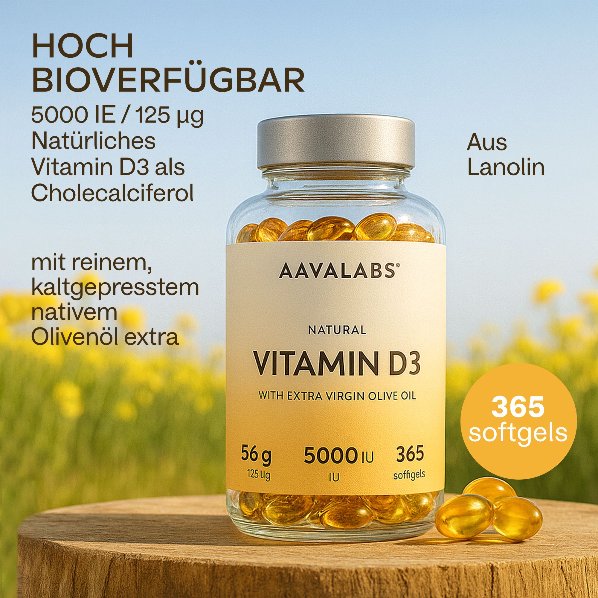 Flasche Aavalabs Vitamin D3 Softgels auf Holzhintergrund, 365 Stück.