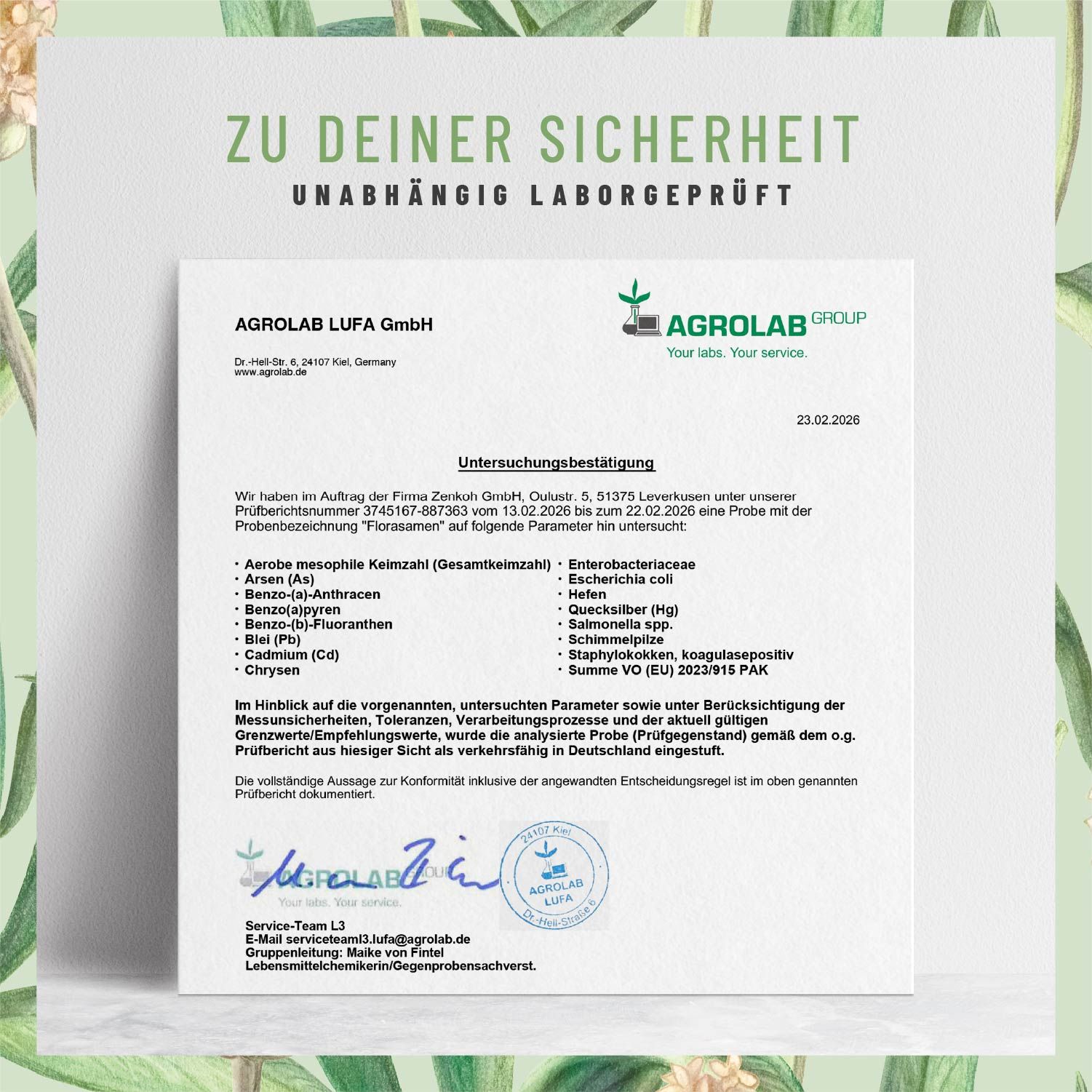 Zertifizierungsdokument von AGROLAB LUFA GmbH. Unterschrift, Stempel. Analyse von Flora Samen. Ergebnisse der Untersuchung.