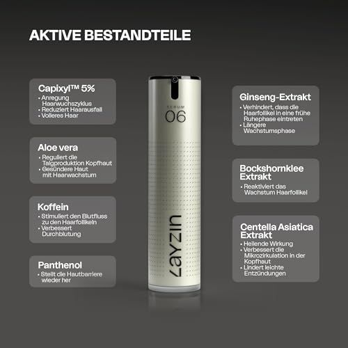 LAYZIN Serum 06. Produkt mit Inhaltsstoffen. Auf weißem Hintergrund.