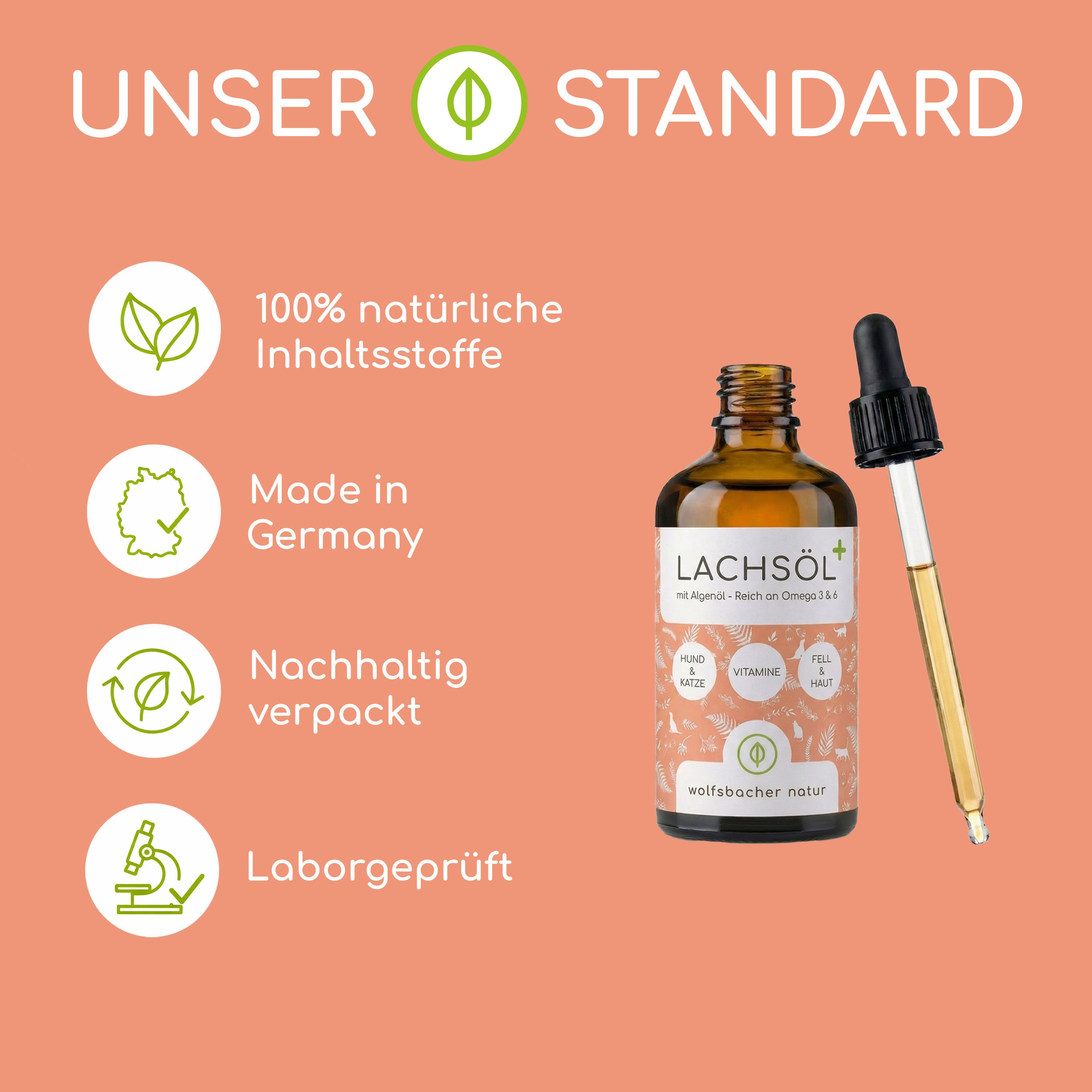 Lachsöl-Flasche mit Pipette. Text: "UNSER STANDARD". Icons: Blätter, Deutschlandkarte, Recycling-Symbol, Mikroskop. Text: "100% natürliche Inhaltsstoffe", "Made in Germany".