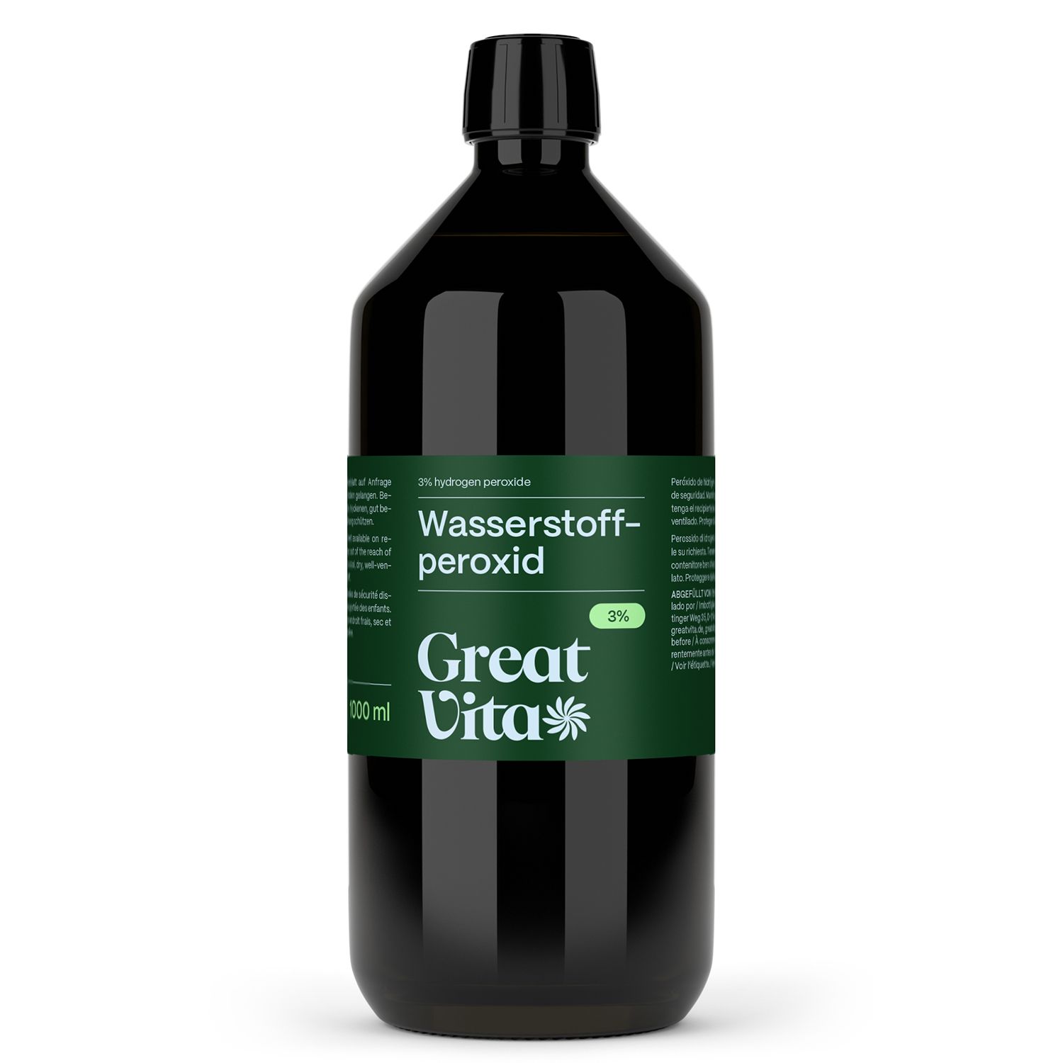 Braune Flasche mit grünem Etikett. Aufschrift: Wasserstoffperoxid, 3%, Great Vita. Schwarzer Verschluss.