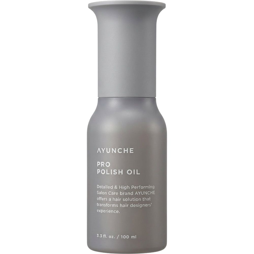 Graue Flasche AYUNCHE PRO Polish Oil mit Pumpspender und silbernem Etikett.