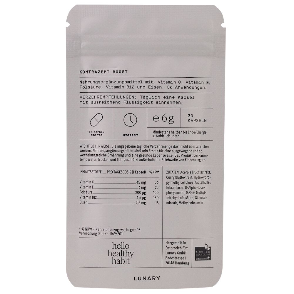 LUNARY Kontrazept Boost - bei hormoneller Verhütung, mit Vitamin B12, Vitamin E, Folsäure