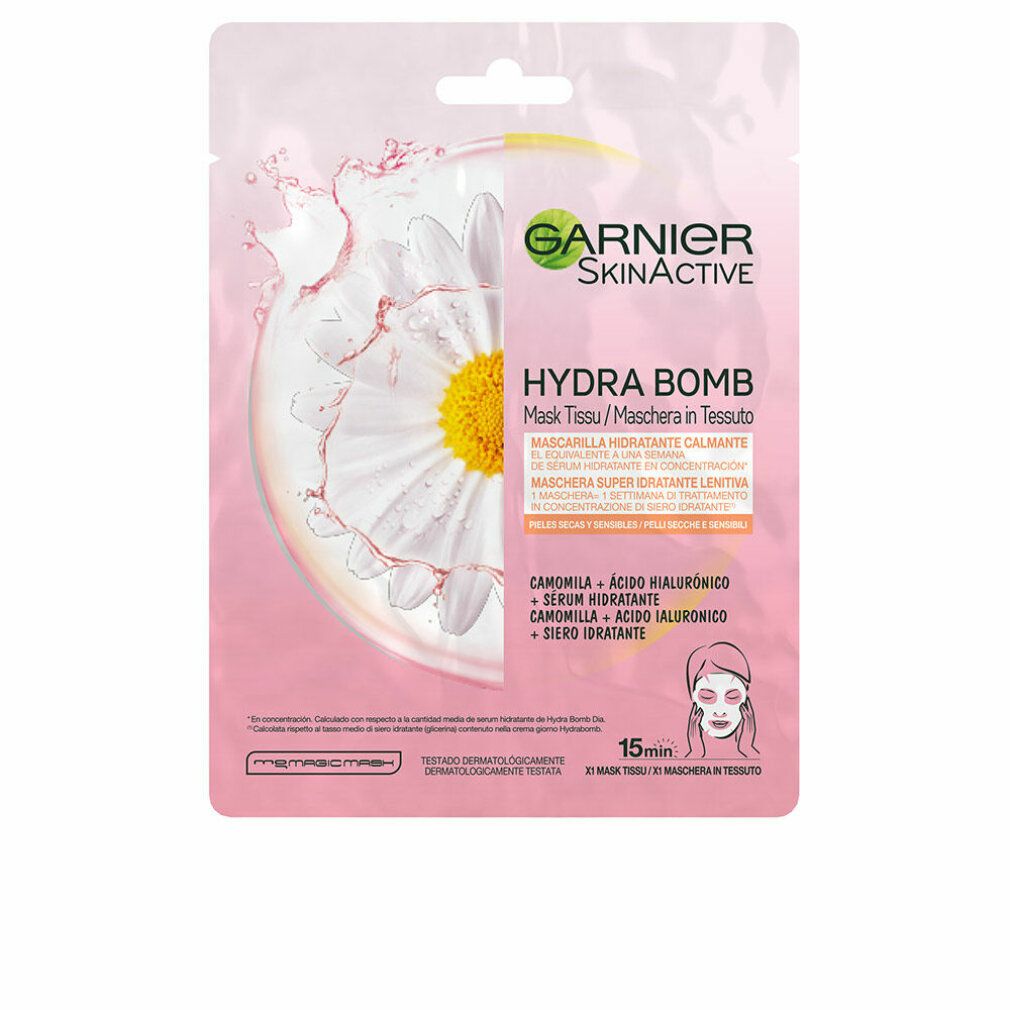 Garnier Skinactive Hydrabomb Gesichtsmaske. Rosa Verpackung mit Kamillenblüten-Illustration und Produktinformationen.
