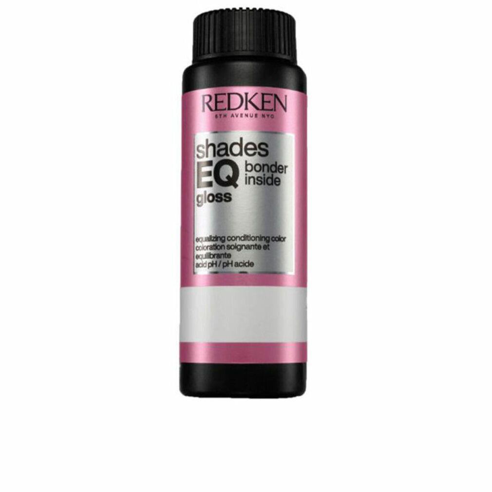 Zylindrische Flasche mit schwarzem Deckel. Rosa-weißes Etikett mit Text: REDKEN, shades EQ gloss, bonder inside.
