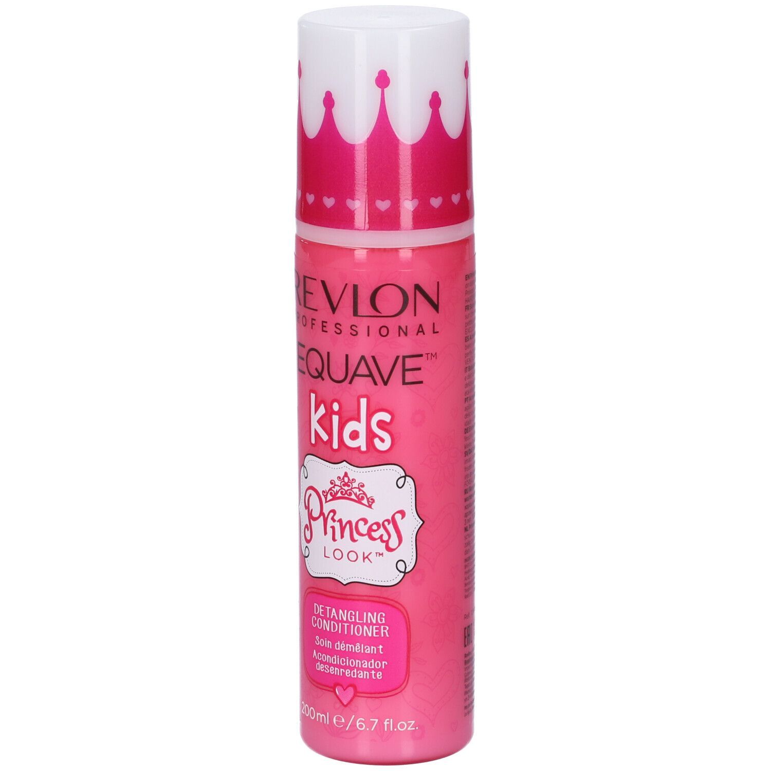 Rosa Flasche mit weißem Kronen-Deckel. Aufschrift: Revlon Equave Kids Princess Look. Spülung.