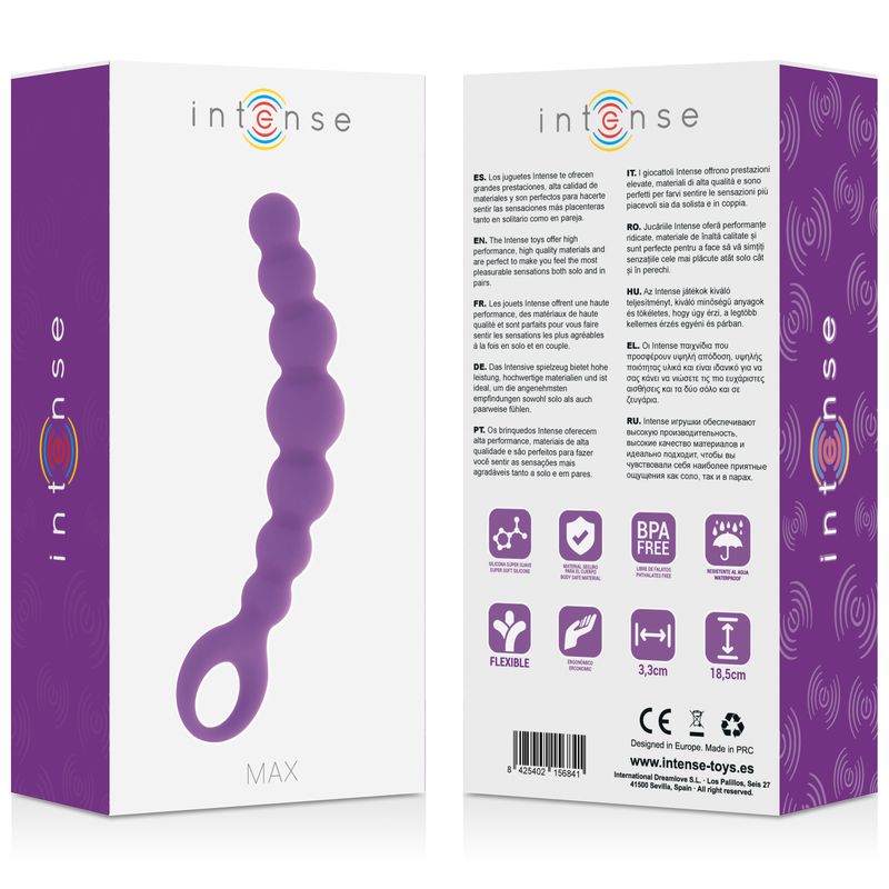 Produktverpackung mit lila Produkt. Text: 'Intense MAX'. Rückseite mit Text und Symbolen.
