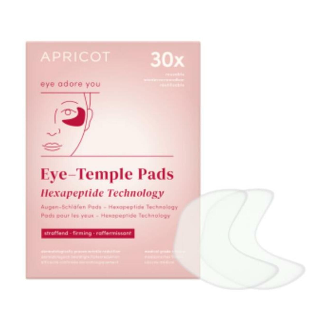 Verpackung mit Augen-Schläfen Pads. Aufdruck: APRICOT, Eye-Temple Pads, 30x. Daneben liegen Pads.