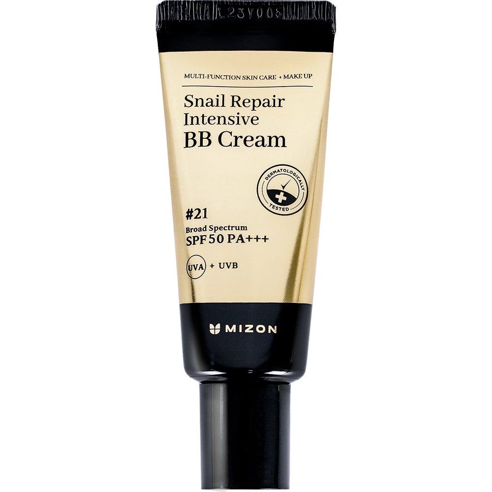 Tube MIZON Snail Repair Intensive BB Cream. Text: #21, SPF 50 PA+++, dermatologisch getest.