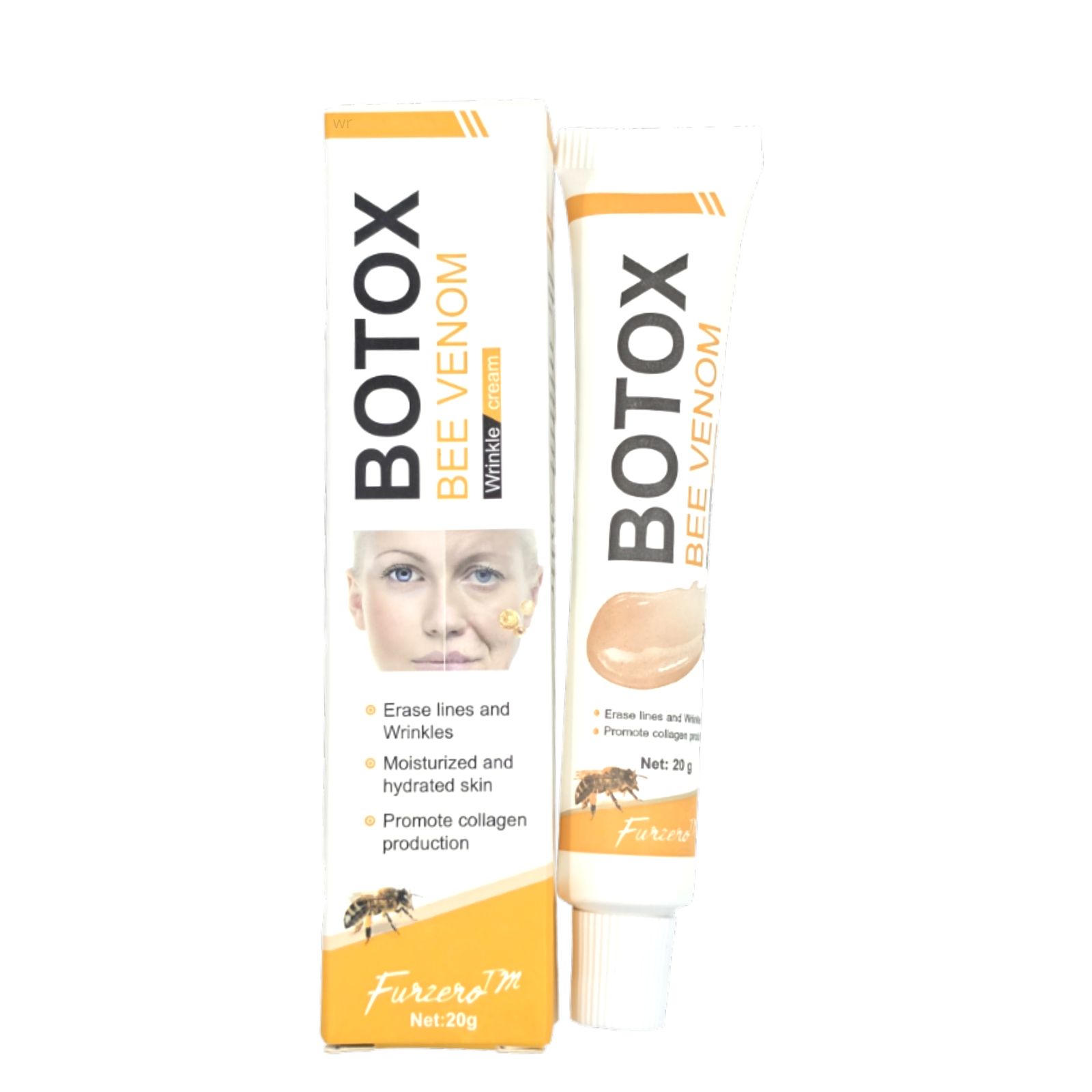 Tube und Kartonverpackung für Botox Bee Venom Faltencreme, 20g.