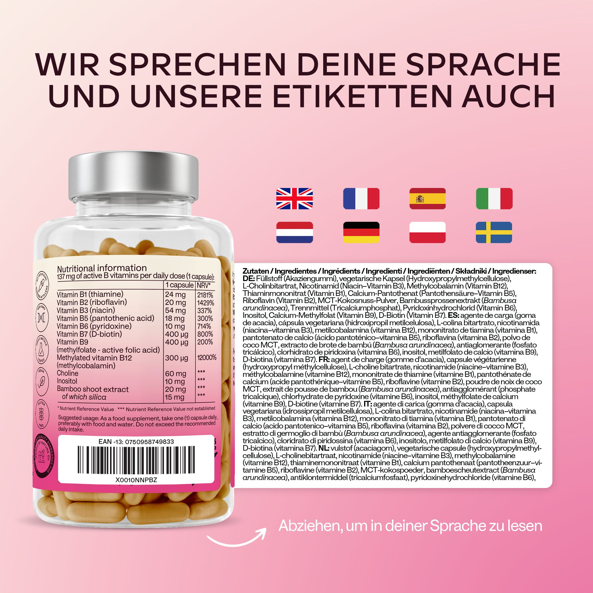 Kapseln in einer Glasplatte. Text: Vegan, ohne Gluten, ohne Konservierungsstoffe, ohne Laktose.