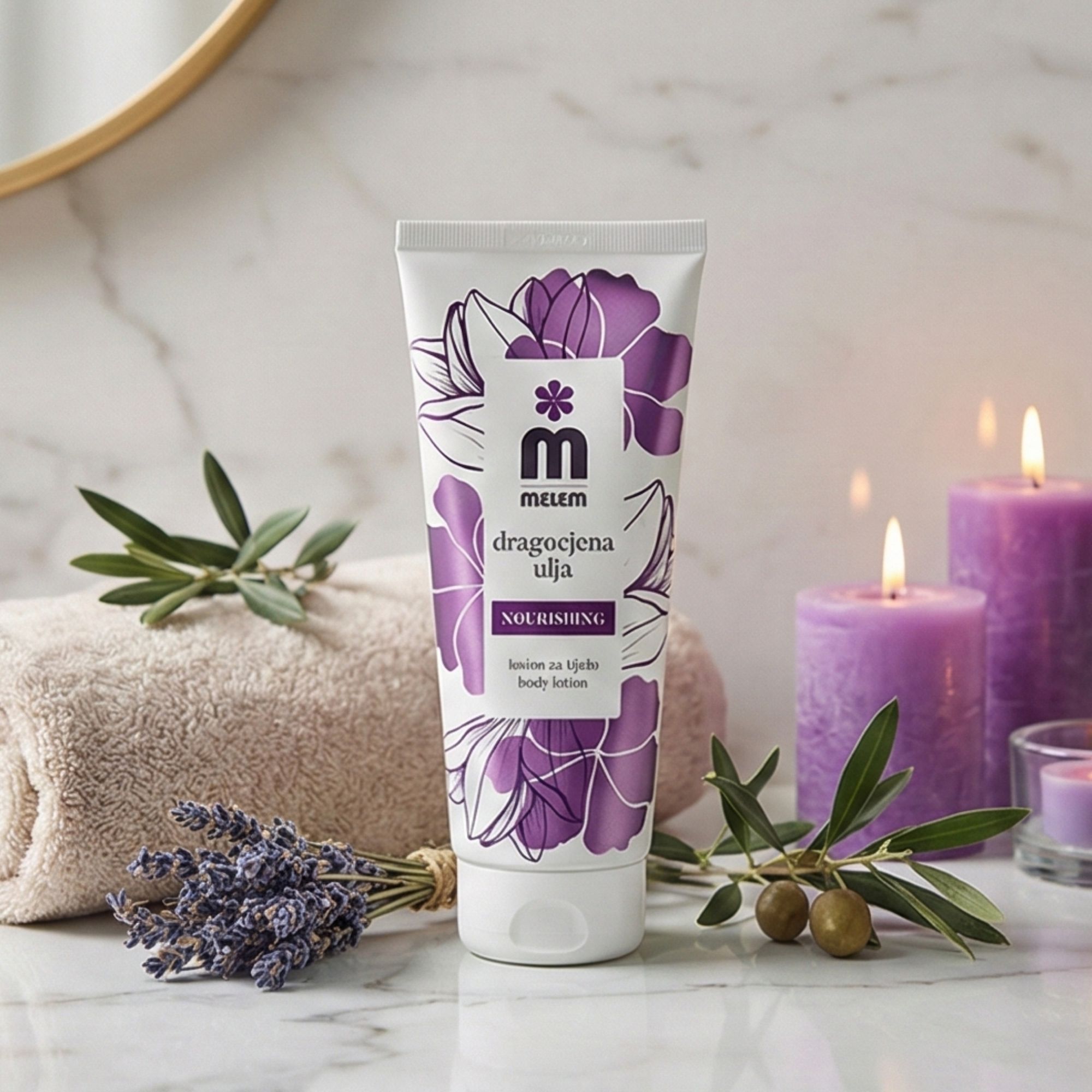 Weiße Tube mit lila floralem Design. Aufschrift: Melem, dragocjena ulja, Nourishing body lotion. Kerzen, Olivenzweig und Handtuch im Hintergrund.