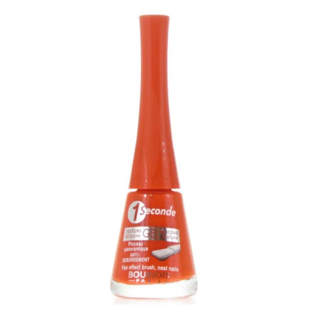 Nagellackflasche, orange. "1 Seconde"-Etikett, "Bourjois"-Logo. Schlanker Flaschenhals, transparente Basis.