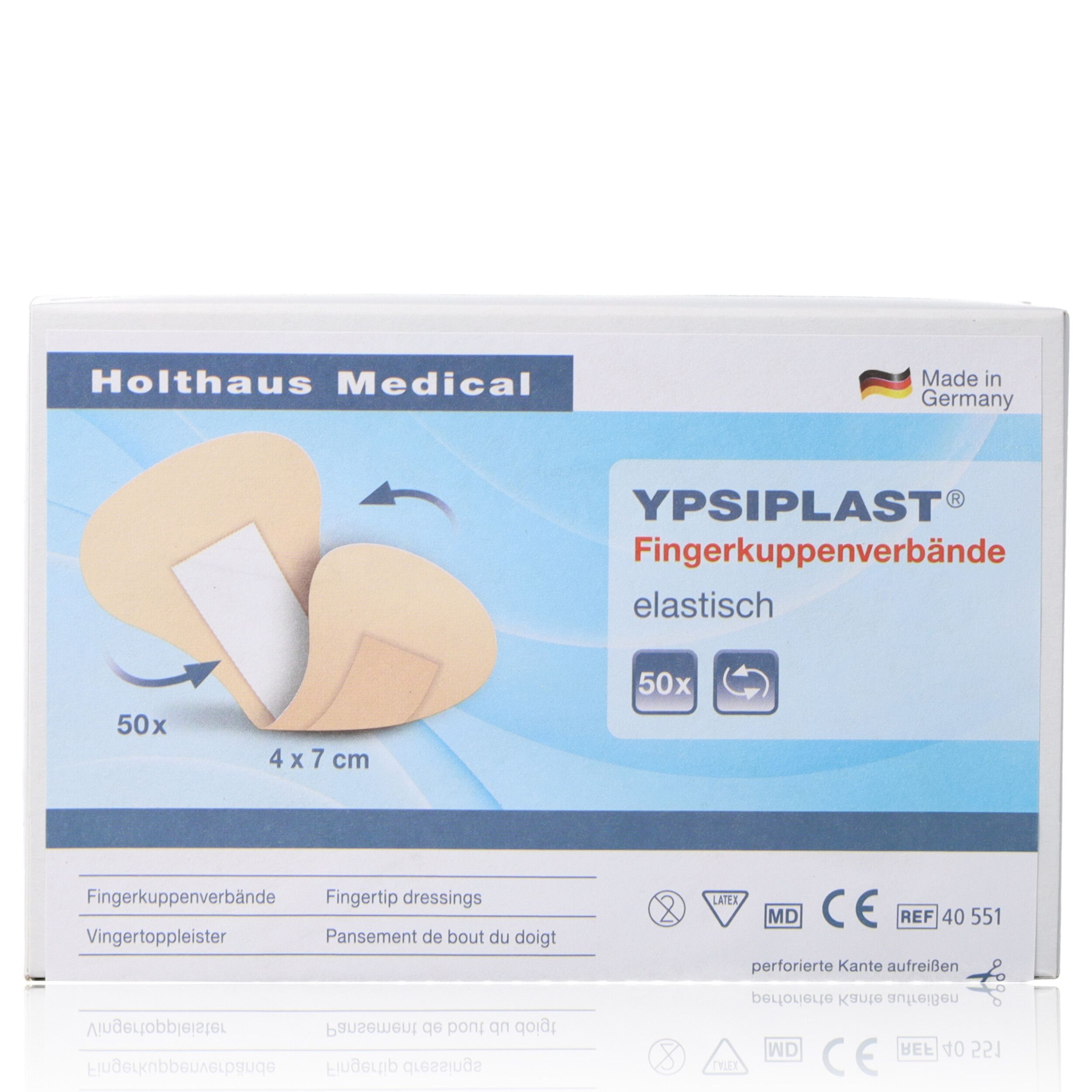 Holthaus Medical Verpackung. Ypsiplast Fingerkuppenverbände, elastisch. 50 Stück. Text: 4x7 cm. Mit CE-Kennzeichnung und Hergestellt in Deutschland.