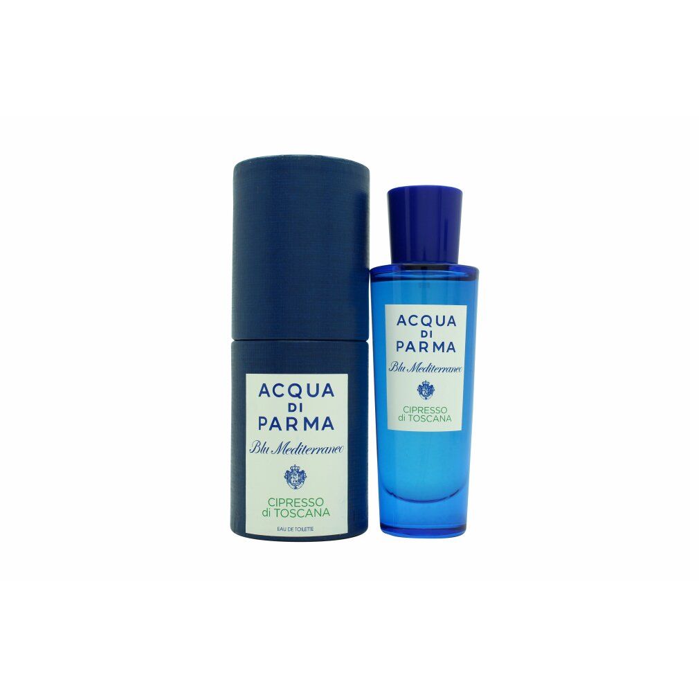 Blaue Glasflasche und zylindrische Verpackung. Auf dem Etikett steht "Acqua di Parma Blu Mediterraneo Cipresso di Toscana".