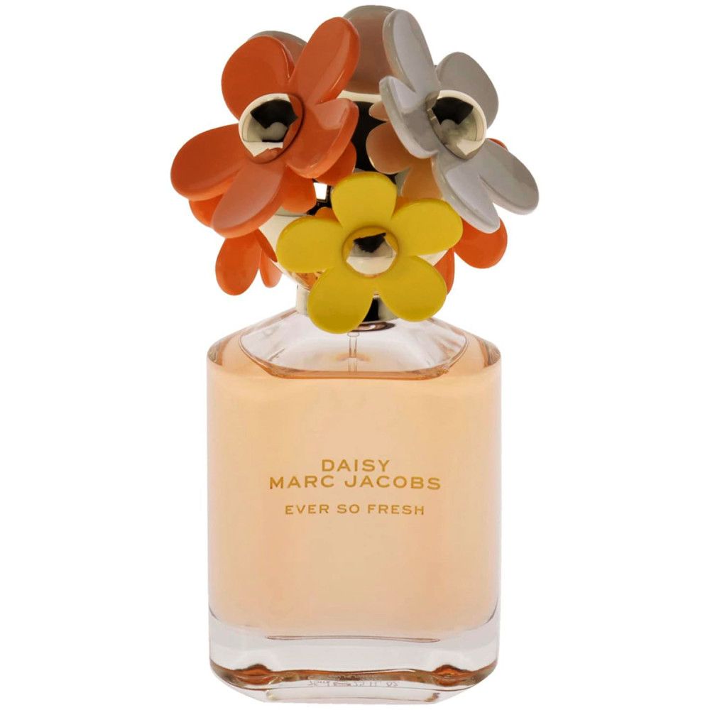 Parfümflakon mit blütenförmigem Deckel. Aufschrift: Daisy Marc Jacobs Ever So Fresh.
