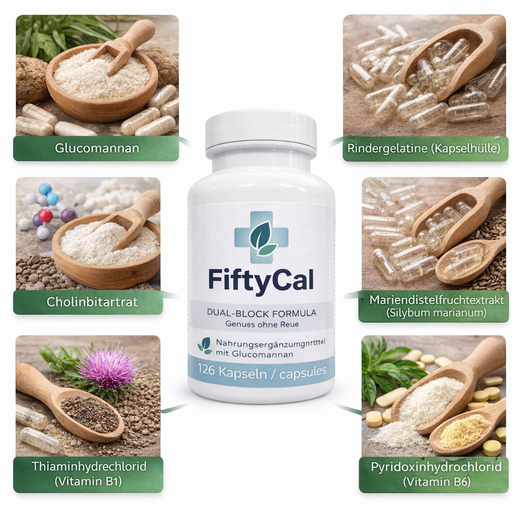 Weiße Flasche FiftyCal mit Kapseln. Aufschrift: Dual-Block Formula. Zutaten: Glucomannan, Cholinbitartrat, Rindergelatine, Mariendistel, Thiamin, Pyridoxin.
