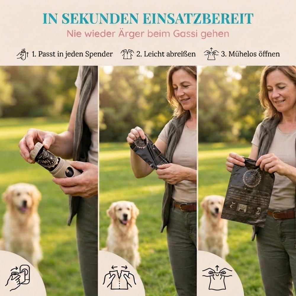 Drei Bilder zeigen die Anwendung. Kotbeutel aus Spender, Abreißen, Öffnen. Hunde im Hintergrund.