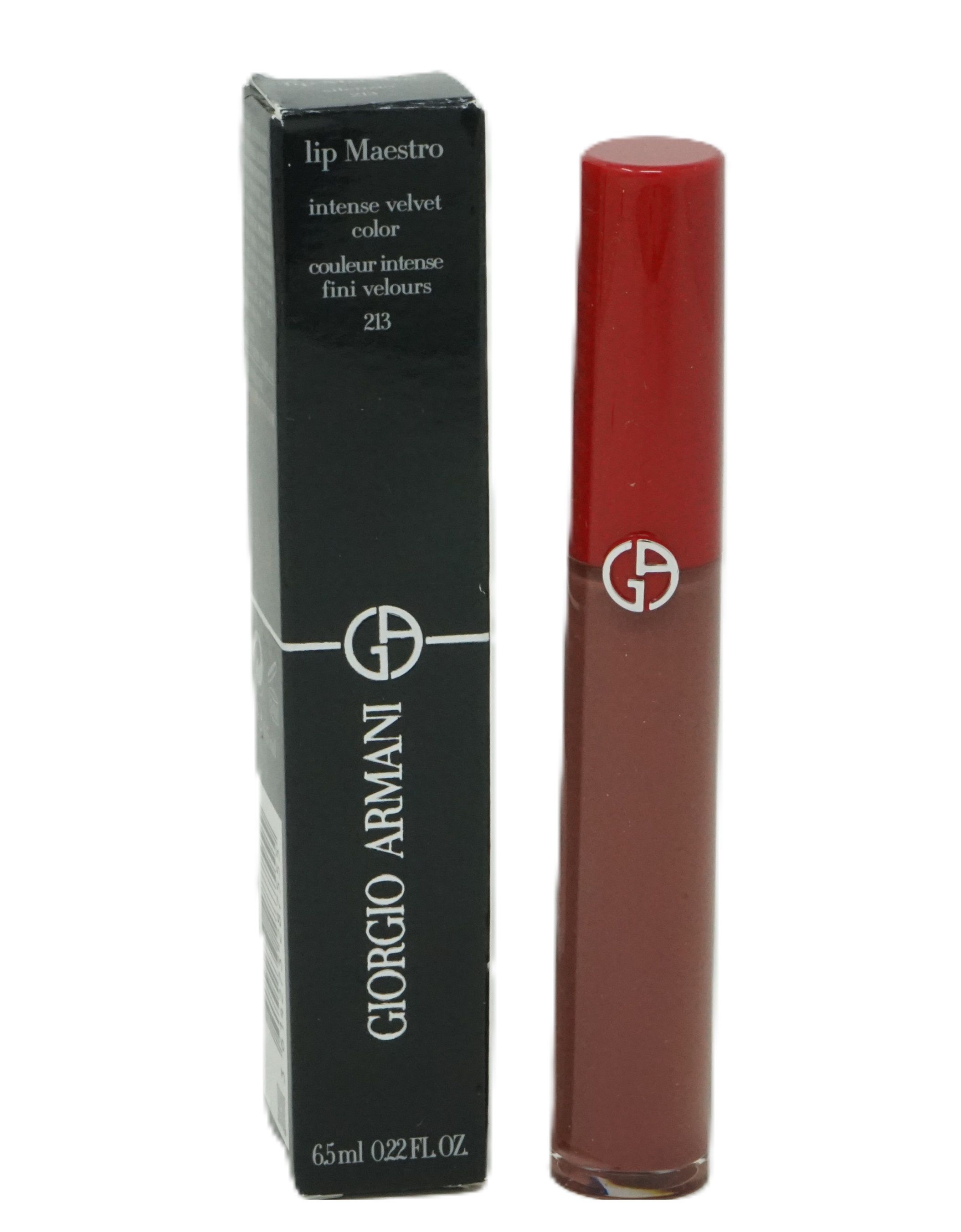 Lippenstift und Verpackung. Schwarze Schachtel mit Text. Roter Deckel. Giorgio Armani Logo.