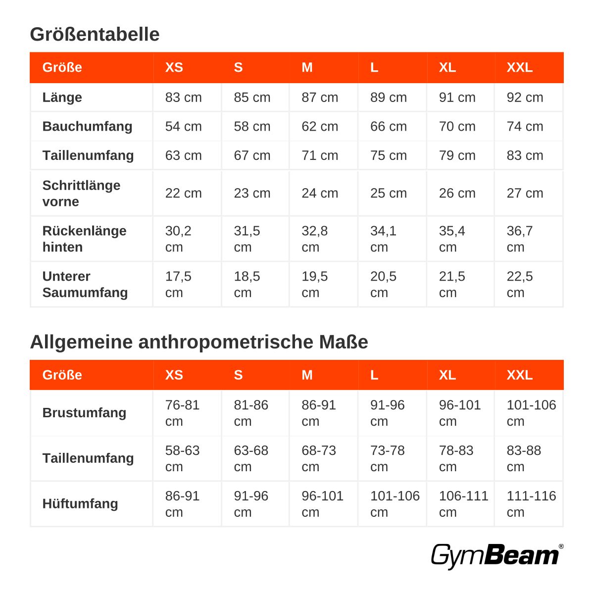 Größentabelle für BEAT Leggings mit Maßen in cm für verschiedene Größen.