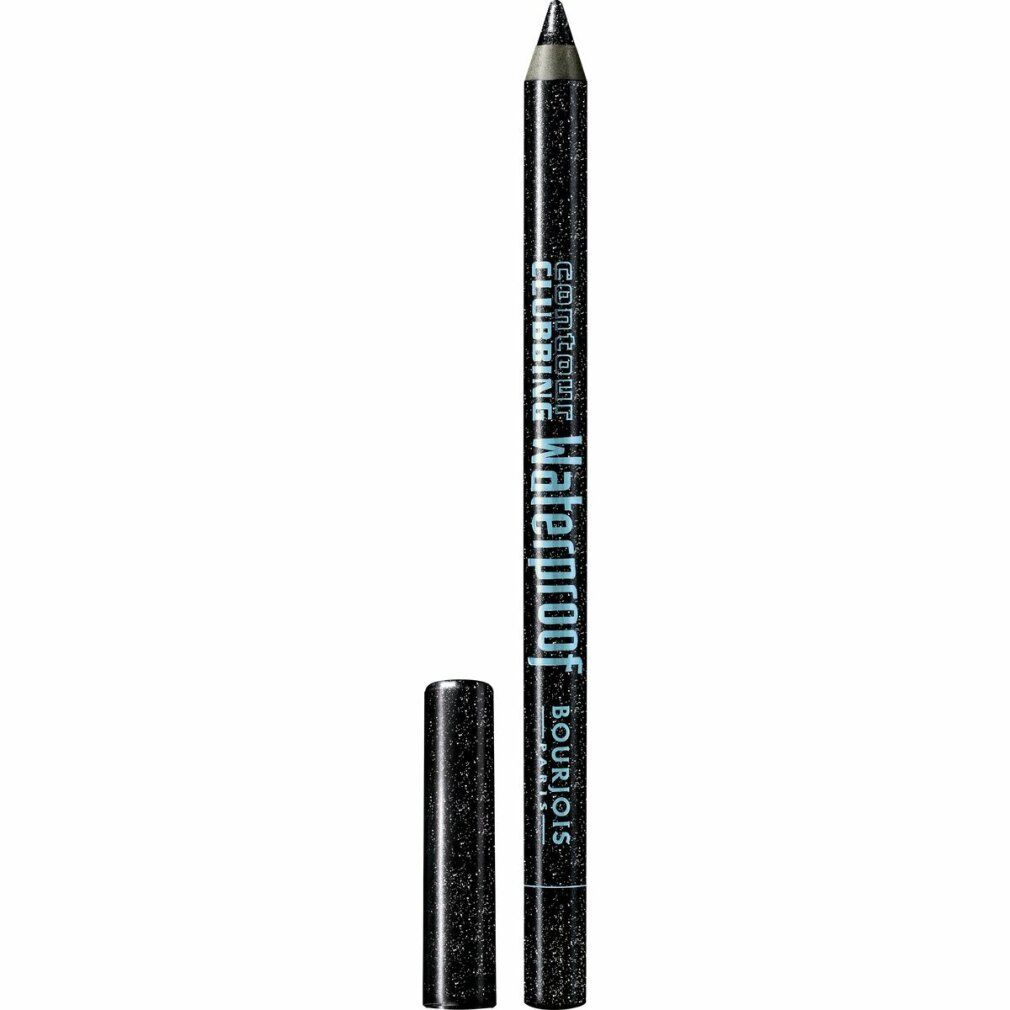 Schwarzer Eyeliner-Stift mit Glitzer. Aufschrift: Waterproof, Bourjois. Deckel daneben.