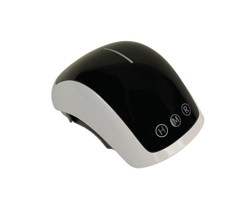 Schwarzes, weiß umrandetes Gerät mit drei Knöpfen (H, M, R). Oberseite mit einer Linie.