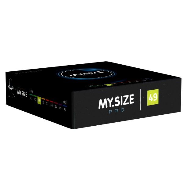 Schachtel MY.SIZE PRO. Aufdrucke: 49mm, Slim bis Wide. Größenangaben. Logo MY.SIZE PRO. Schwarzer Hintergrund.