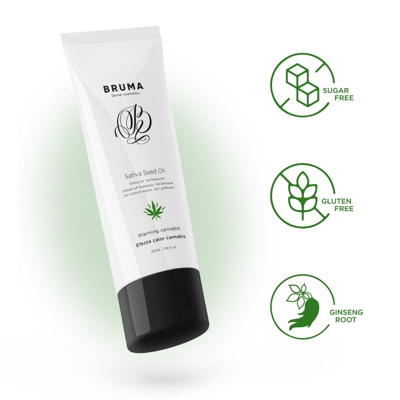 Weiße Tube, schwarzer Deckel. Aufschrift: Bruma, Sativa Seed Oil, Warming cannabis. Cannabis-Blatt-Symbol. Symbole: zuckerfrei, glutenfrei, Ginsengwurzel.