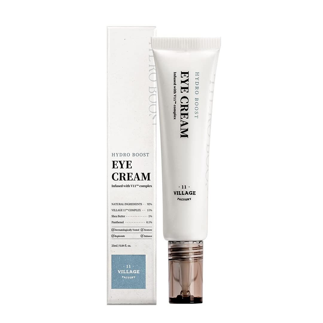 Weiße Tube Augencreme und Verpackung. Text: HYDRO BOOST EYE CREAM, -11 VILLAGE. Inhaltsstoffe.