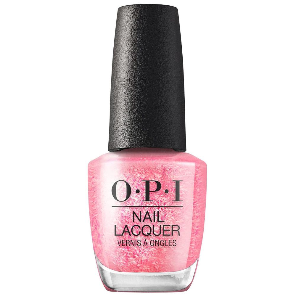 OPI Nagellacke Flasche mit rosa Glitzerlack. Schwarzer Deckel, Produktname sichtbar.