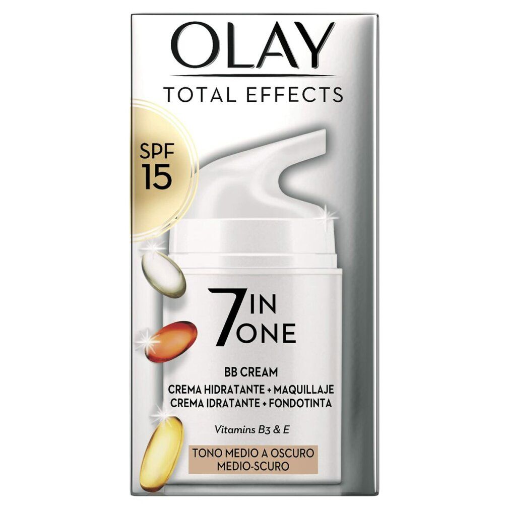 Olay Total Effects BB Cream. Creme-Spender und Verpackung. Aufschrift: 7 IN ONE. Enthält Vitamine B3 & E. Farbton: Medio-Oscuro.
