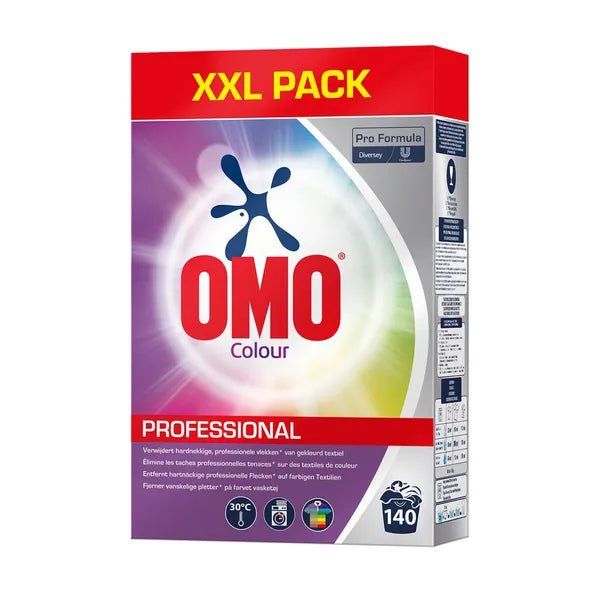 Verpackung von OMO Colour Professional. Aufschrift: XXL PACK, OMO, Colour, PROFESSIONAL. Waschsymbole und 140 Waschladungen.
