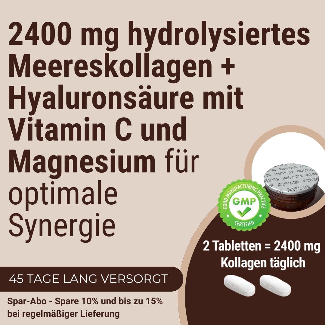 Zwei Tabletten neben einer Dose. Text: 2400 mg hydrolysiertes Meereskollagen + Hyaluronsäure mit Vitamin C und Magnesium.