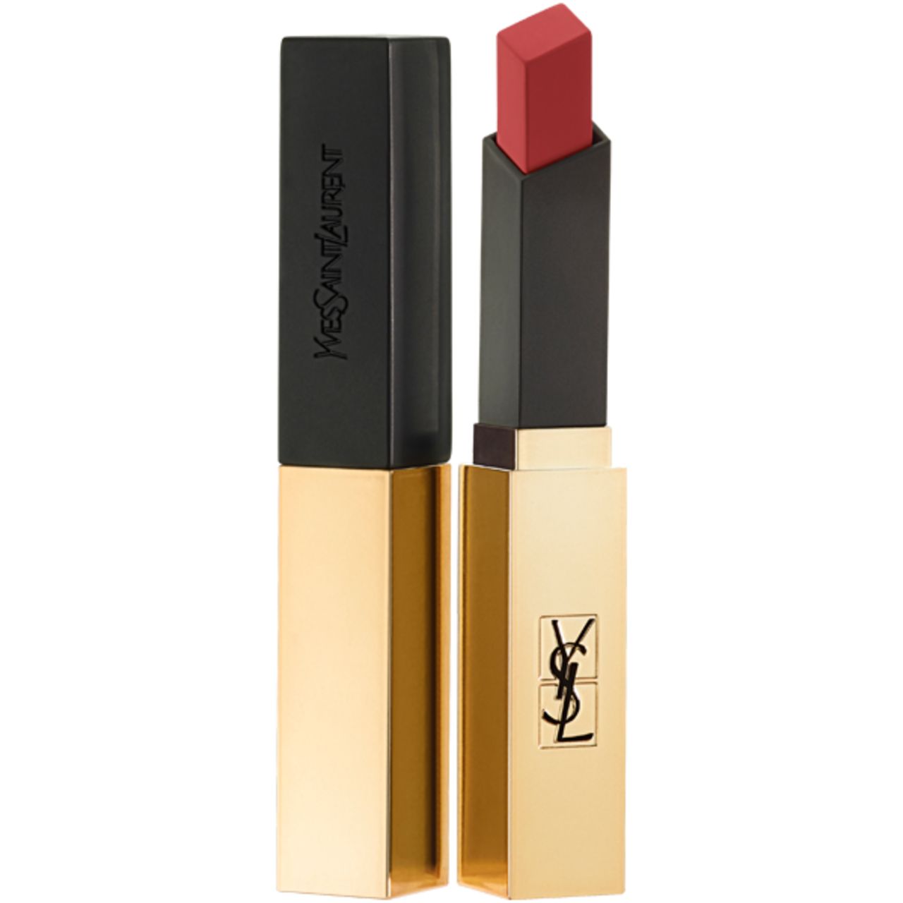 Yves Saint Laurent Lippenstift. Goldfarbener Behälter, schwarzer Deckel. Roter Lippenstift. Schwarzer Deckel mit Yves Saint Laurent Logo.