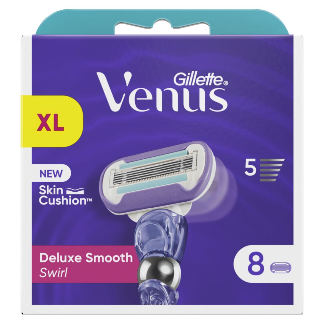 Verpackung mit Rasierklingen. Aufschrift: Gillette Venus, Deluxe Smooth Swirl, XL, 5 Klingen, 8 Ersatzklingen.