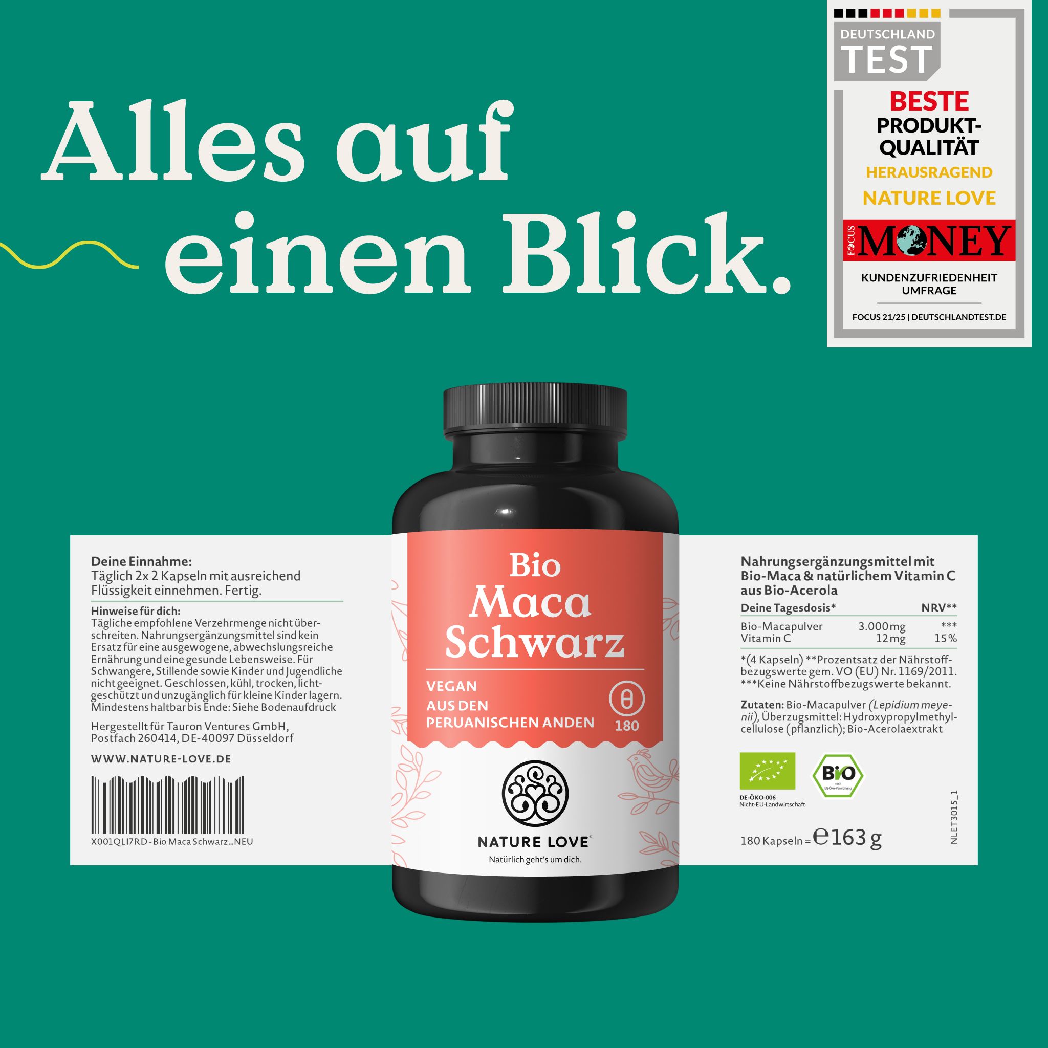 NATURE LOVE® Bio Maca Kapseln (schwarz) - 3000 mg je Tagesdosis - 180 Kapseln