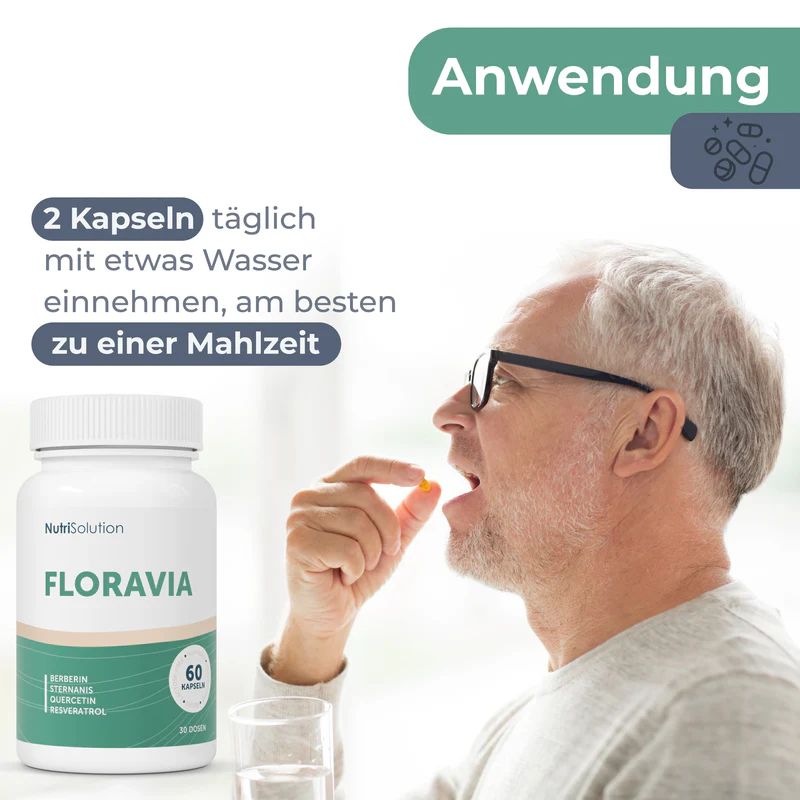 Älterer Mann nimmt Kapsel mit Wasser ein. Flasche FLORAVIA, 60 Kapseln. Text: Einnahme zu einer Mahlzeit.