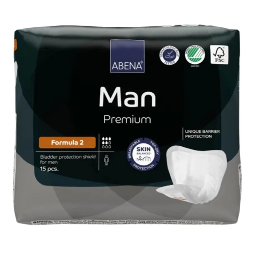 Abena Man Premium Formula 2. Verpackung mit 15 Stück. Blauer Hintergrund mit Produktbezeichnung und Zertifizierungen.