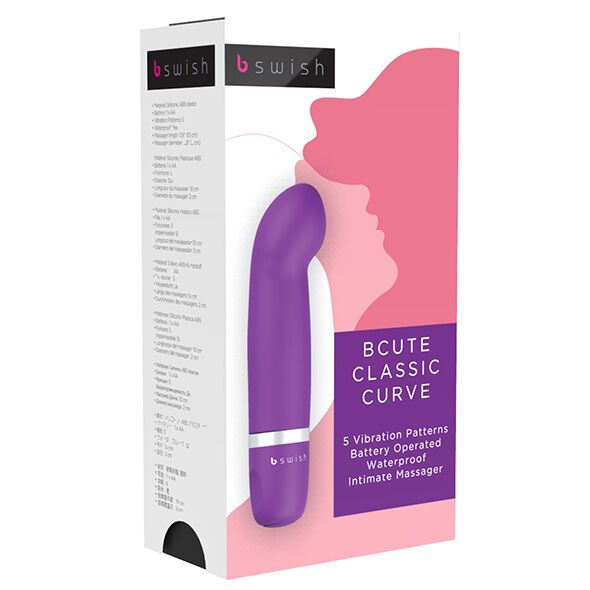 Lila Vibrator in Verpackung. Aufschrift: BCUTE CLASSIC CURVE, 5 Vibrationsmuster, batteriebetrieben, wasserdicht, Intimmassagegerät.