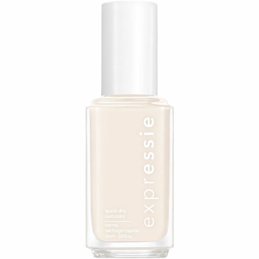 Nagellack-Flakon mit weißem Deckel. Aufschrift: expressie. Farbe: helles Beige. Text: quick dry nail color, vernis séchage rapide, 10ml - .33 fl oz.