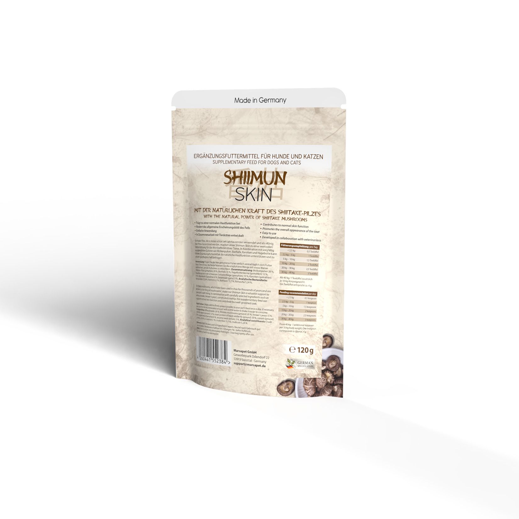 Rückseite des Beutels mit Shiimun Skin Pulver. Text und Informationen zum Produkt.